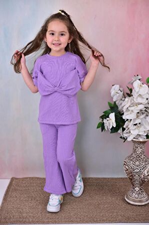 Kız Çocuk Fiyonk Detaylı Düz Renk Alt Üst Takım