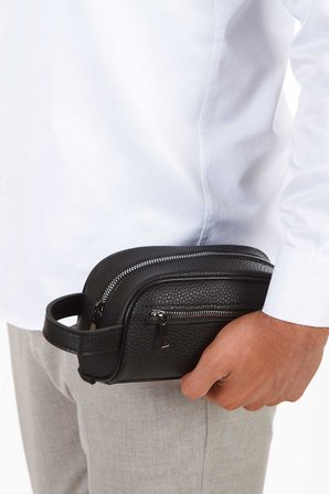 NP- 2213 Mini Erkek Vegan Deri Portföy Clutch Traş Kozmetik Bakım ve Günlük El Çantası SİYAH