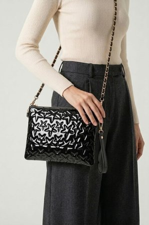 VT-003 YILDIZ DİKİŞLİ KADIN EL ÇANTASI CLUTCH ÇANTA OMUZ ÇANTASI ÇAPRAZ ÇANTA PÖRTFÖY ÇANTA RUGAN SİYAH