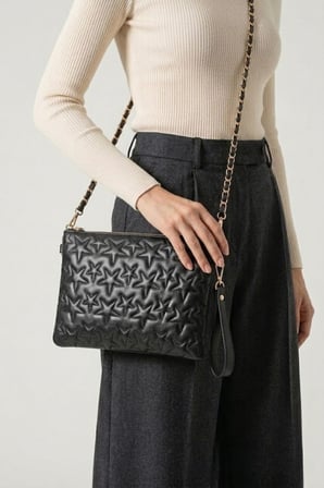 VT-003 YILDIZ DİKİŞLİ KADIN EL ÇANTASI CLUTCH ÇANTA OMUZ ÇANTASI ÇAPRAZ ÇANTA PÖRTFÖY ÇANTA SİYAH
