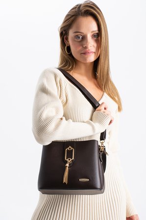 Sedef çanta SS 1438 Gold Detaylı 3 Bölmeli Omuz Ve Çapraz Çanta KAHVERENGİ