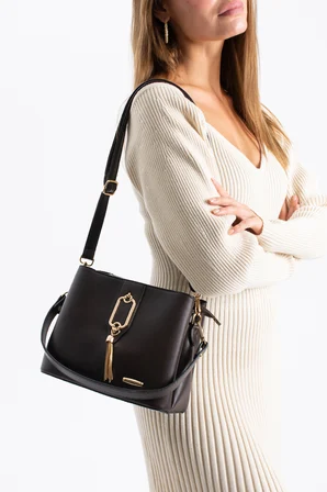 Sedef çanta SS 1438 Gold Detaylı 3 Bölmeli Omuz Ve Çapraz Çanta KAHVERENGİ