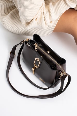Sedef çanta SS 1438 Gold Detaylı 3 Bölmeli Omuz Ve Çapraz Çanta KAHVERENGİ
