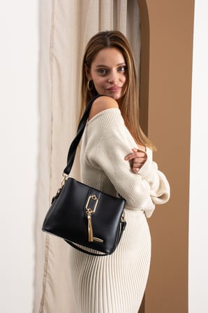 Sedef çanta SS 1438 Gold Detaylı 3 Bölmeli Omuz Ve Çapraz Çanta SİYAH
