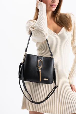Sedef çanta SS 1438 Gold Detaylı 3 Bölmeli Omuz Ve Çapraz Çanta SİYAH