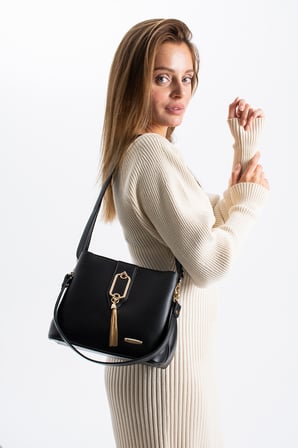 Sedef çanta SS 1438 Gold Detaylı 3 Bölmeli Omuz Ve Çapraz Çanta SİYAH