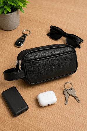AR-01 Erkek Siyah Suya Dayanıklı Suni Vegan Deri Traşlık Bakım Seyahat El Çantası Portföy/clutch SİYAH