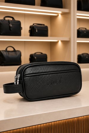 AR-01 Erkek Siyah Suya Dayanıklı Suni Vegan Deri Traşlık Bakım Seyahat El Çantası Portföy/clutch SİYAH
