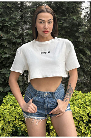 Kadın Bisiklet Yaka Baskılı Oversize Crop T-shirt