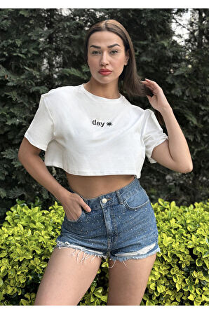 Kadın Bisiklet Yaka Baskılı Oversize Crop T-shirt