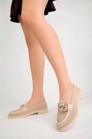 Kadın Nude Zincir Tokalı Kalın Taban Pu Deri Günlük Klasik Topuklu Loafer Makosen Ayakkabı F Krem Tekstil G Krem Tekstil