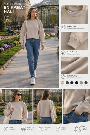 Kadın Crop Sweatshirt Bisiklet Yaka Pamuklu Yumuşak Dokulu Günlük Spor Sweatshirt