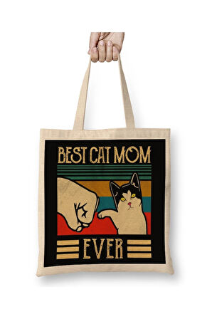 Vintage Best Cat Mom Kedi Annesi Beyaz Bez Çanta Uzun Saplı Alışveriş Çantası Plaj Çantası