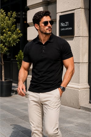 Erkek Polo Yaka Siyah Tişört Likralı Pike Kumaş Terletmez Slim Fit Günlük Şık Tasarım