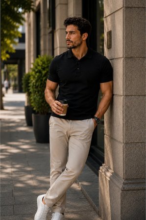 Erkek Polo Yaka Siyah Tişört Likralı Pike Kumaş Terletmez Slim Fit Günlük Şık Tasarım