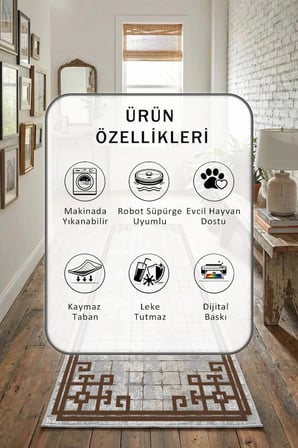 Atiye Dijital Baskılı Kaymaz Yıkanabilir Yolluk - Leke Tutmaz Açık Gri