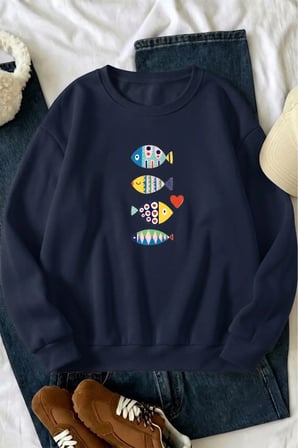 Unisex BALIK Baskılı Bisiklet Yaka Sweatshirt