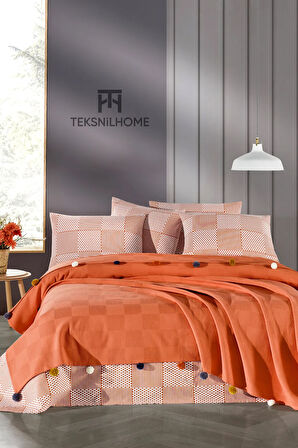 %100 Pamuk Kiremit Ponponlu Pike Takımı 3 Parça (Pike,Çarşaf,Yastık Kılıfı)