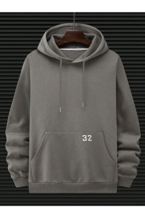 Erkek Duman Gri Baseball Baskılı Kapüşonlu Sweatshirt