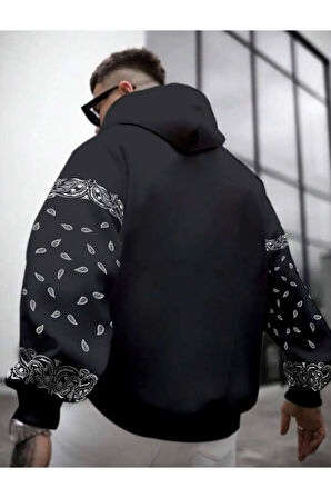 Erkek Kahverengi Kol Desenli Oversize Kapşonlu Sweatshirt