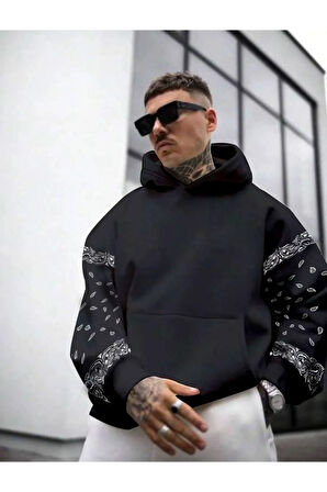 Erkek Kahverengi Kol Desenli Oversize Kapşonlu Sweatshirt