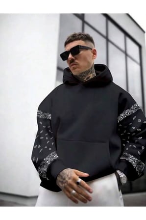Erkek Kahverengi Kol Desenli Oversize Kapşonlu Sweatshirt