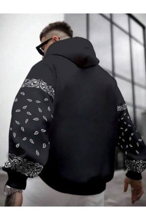 Erkek Kahverengi Kol Desenli Oversize Kapşonlu Sweatshirt