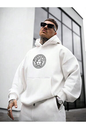 Erkek Medusa Baskılı Oversize Kapşonlu Sweatshirt