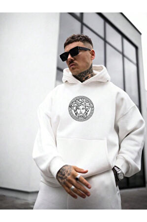 Erkek Medusa Baskılı Oversize Kapşonlu Sweatshirt