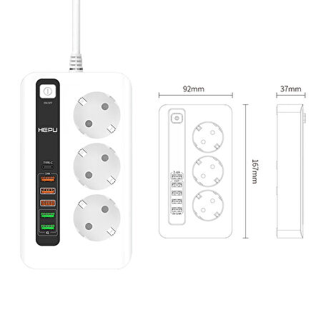 HEPU HP-H03 6x USB 3lü 2mt Kablolu Akım Korumalı Priz 10A-3000W