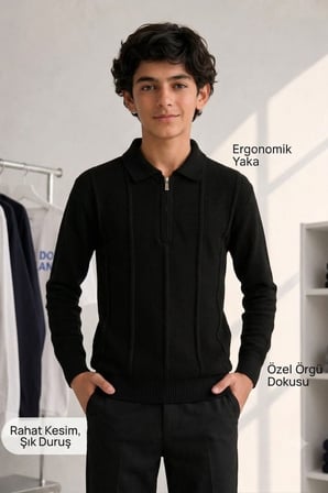 Erkek Çocuk Fermuarlı Polo Yaka Fitilli Triko Kazak TRK11011