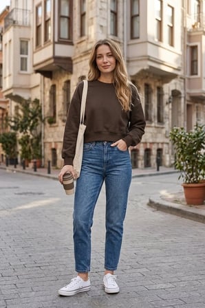 Kadın Crop Sweatshirt Bisiklet Yaka Pamuklu Yumuşak Dokulu Günlük Spor Sweatshirt