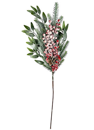 Yapay Çiçek Karlı Kokina ve Çam Dalı Uzun Dal 80cm Yılbaşı Çiçeği Red Berry
