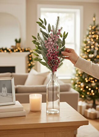 Yapay Çiçek Karlı Kokina ve Çam Dalı Uzun Dal 80cm Yılbaşı Çiçeği Red Berry