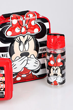 YENİ SEZON LİSANSLI MINNIE MOUSE BESLENME ÇANTASI,BESLENME KABI VE TRITAN MATARA 500 ML BESLENME SETİ