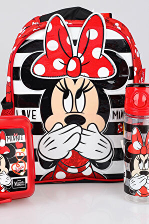 YENİ SEZON LİSANSLI MINNIE MOUSE ANAOKUL ÇANTASI,BESLENME KABI VE TRITAN MATARA 500 ML OKUL SETİ