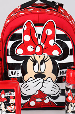 YENİ SEZON LİSANSLI MINNIE MOUSE OKUL ÇANTASI,BESLENME KABI VE MATARA 500 ML OKUL SETİ