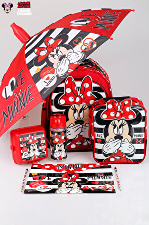YENİ SEZON LİSANSLI MINNIE MOUSE OKUL,BESLENME ÇANTASI İLE BESLENME KABI,MATARA 500 ML,ŞEMSİYE VE KIRTASİYE OKUL SETİ