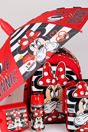 YENİ SEZON LİSANSLI MINNIE MOUSE OKUL,BESLENME ÇANTASI İLE BESLENME KABI,MATARA 500 ML,ŞEMSİYE VE KIRTASİYE OKUL SETİ