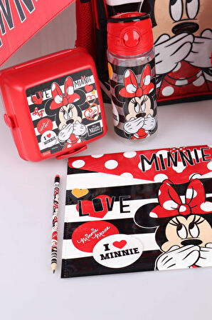 YENİ SEZON LİSANSLI MINNIE MOUSE OKUL,BESLENME ÇANTASI İLE BESLENME KABI,MATARA 500 ML,ŞEMSİYE VE KIRTASİYE OKUL SETİ