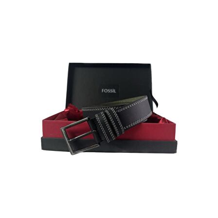 Fossil Siyah Çift Dikiş Suni Deri 4 cm Erkek Kemeri-110Cm