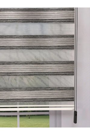 Lora Serisi | Çift Katmanlı Zebra Stor Perde – Gri Melanj Şeritli, Işık Kontrollü