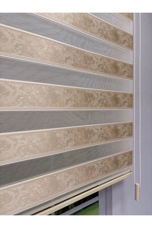 Amora Serisi Ekru Kum Beji Desenli Zebra Perde – Açık Gri Şeritli Modern Zebra Perde