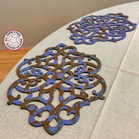 Uretti - Gülin 6449 - Ebru Sanatı İle Elde Yapılmış Lazer Kesim Keçe Supla 2li Takım 40cm - Mavi