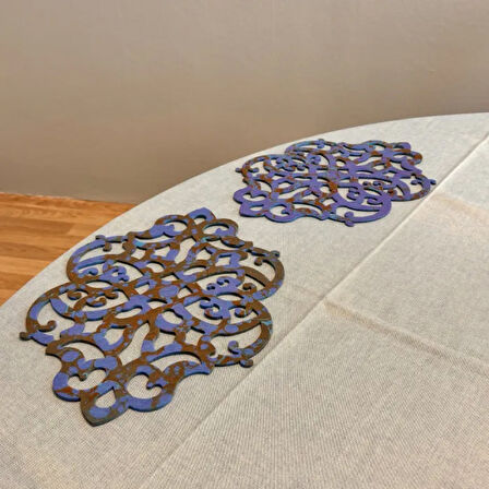 Uretti - Gülin 6449 - Ebru Sanatı İle Elde Yapılmış Lazer Kesim Keçe Supla 2li Takım 40cm - Mavi