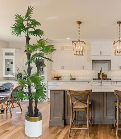 Yapay Ağaç Palmiye Fanpalm 3Katlı 24Yaprak Gold Kemerli Beyaz Saksıda 165*65cm