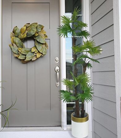 Yapay Ağaç Palmiye Fanpalm 3Katlı 24Yaprak Gold Kemerli Beyaz Saksıda 165*65cm