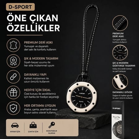 D-SPORT Boyol Pop Çanta Süsü Anahtarlık Saat Premium Deri Askılı Dekoratif Aksesuar