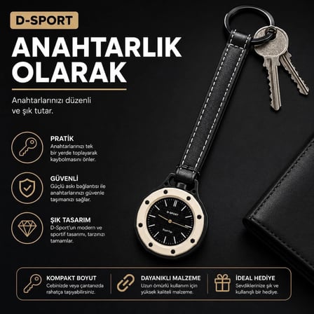 D-SPORT Boyol Pop Çanta Süsü Anahtarlık Saat Premium Deri Askılı Dekoratif Aksesuar