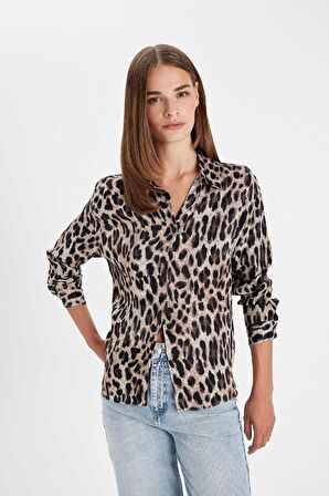 DeFacto Regular Fit Leopar Desenli Poplin Uzun Kollu Gömlek D3148AX24AUBK81